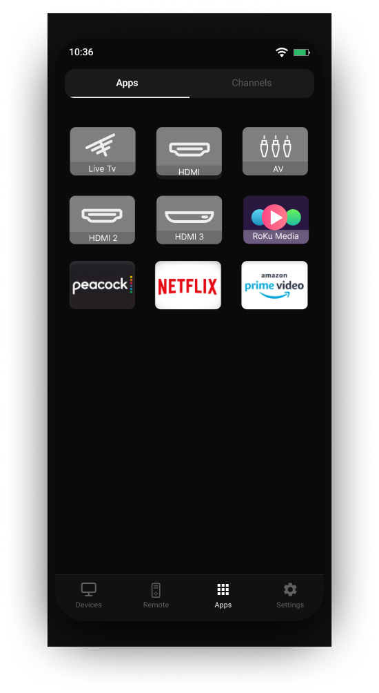 RemoteWave app and channel launcher screen for Roku